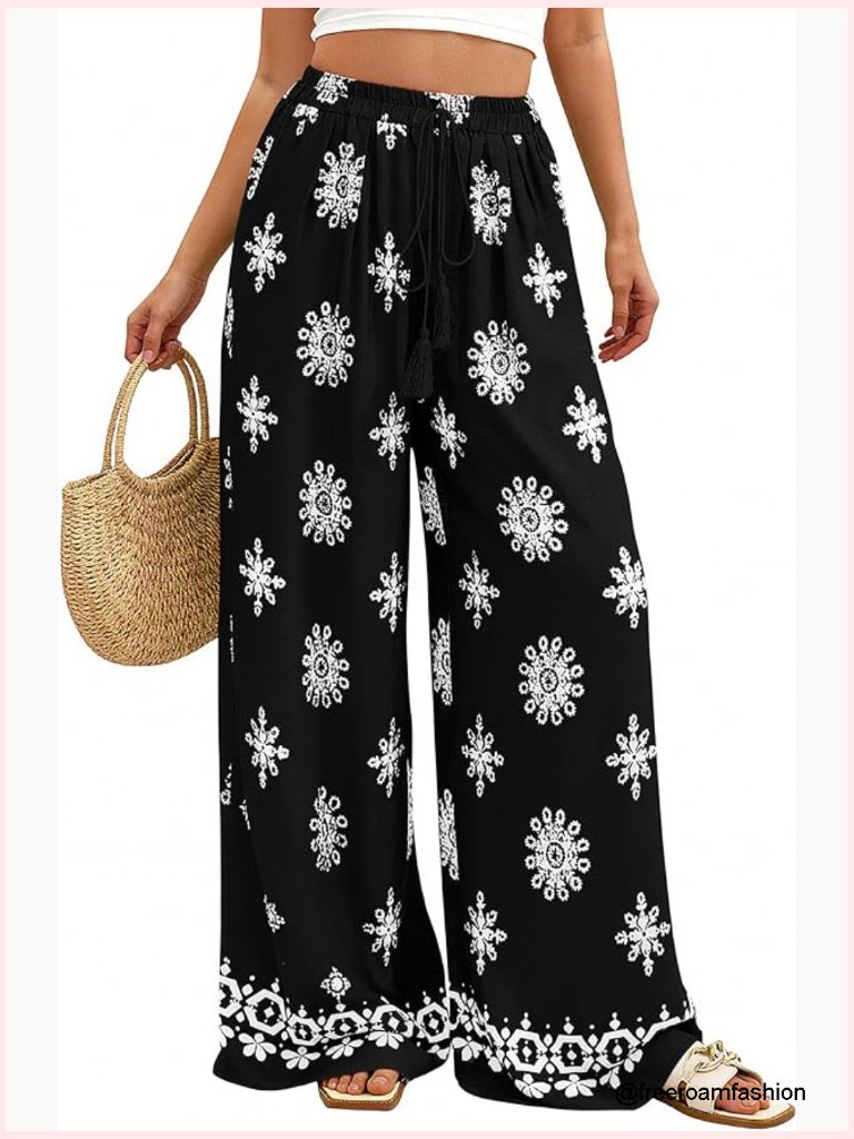 Wide Leg Palazzo Pants Boho Floral Trousers Spring Flow Vacation